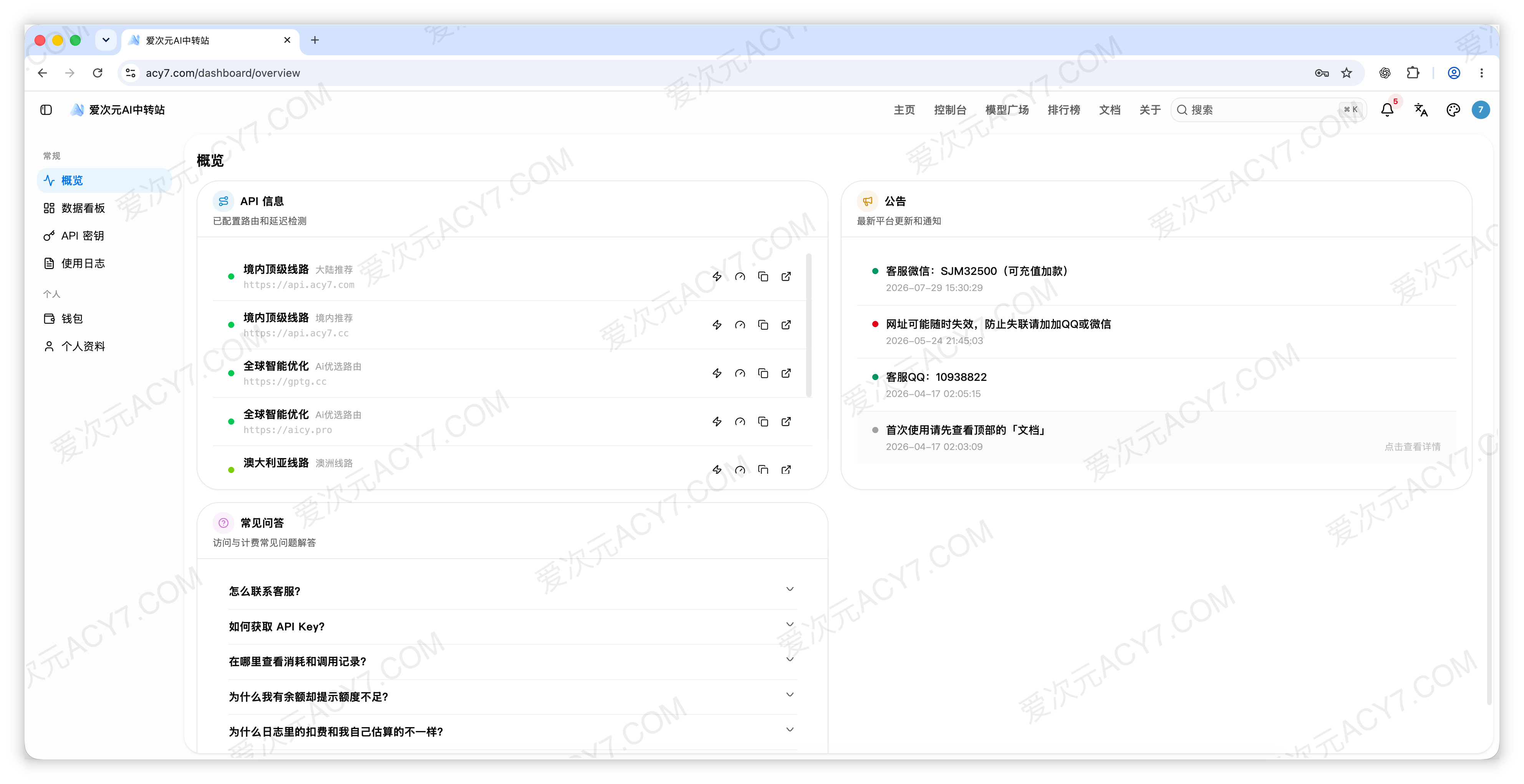 概览页下半部分，展示 API 线路信息、服务公告和可展开的常见问答