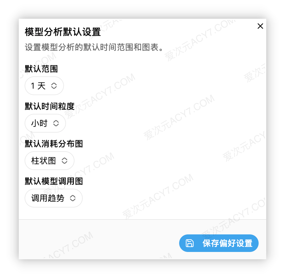 模型分析默认设置中的时间范围、时间粒度和图表类型