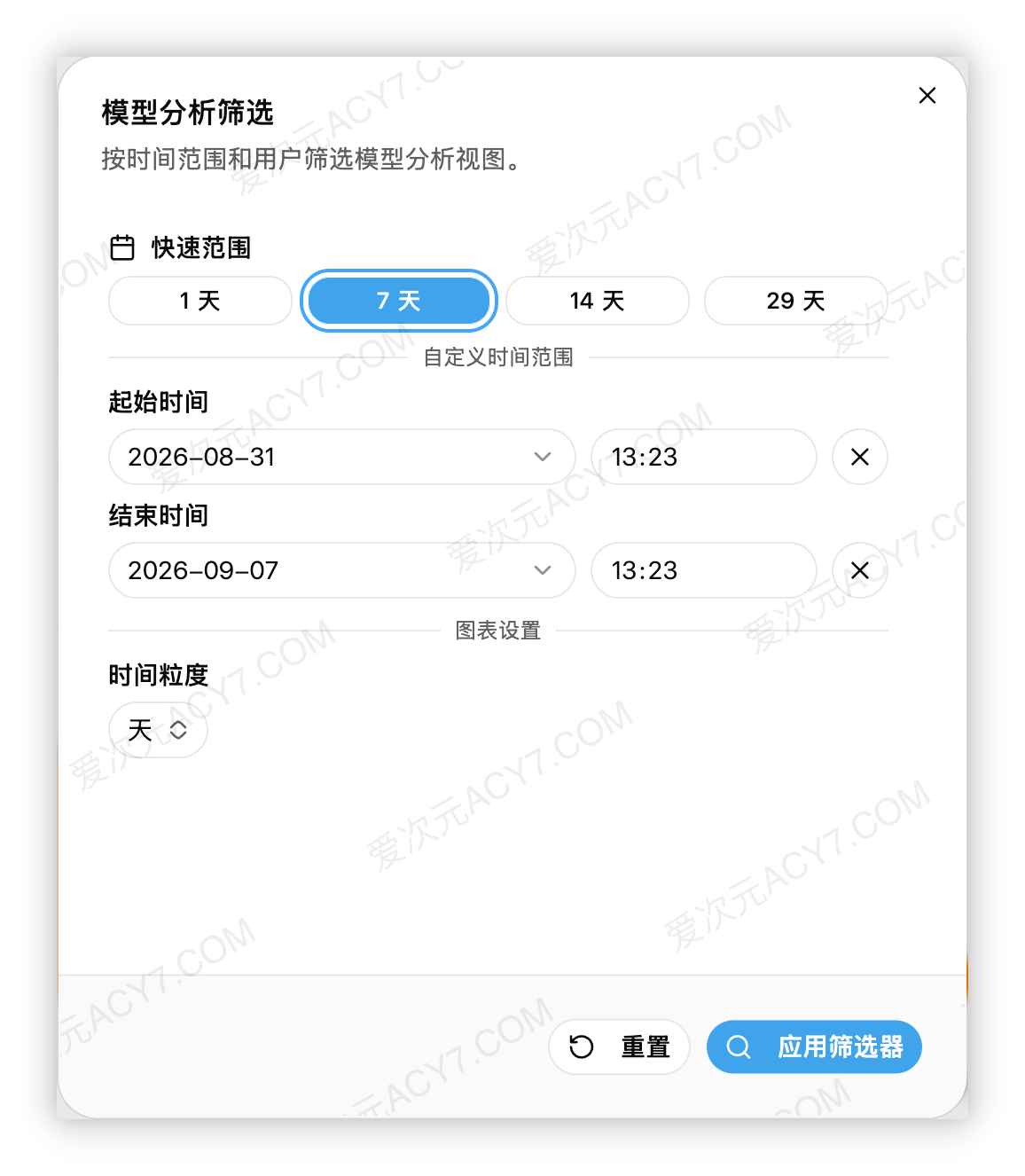 模型分析筛选窗口，可选择快捷范围、起止日期时间和时间粒度