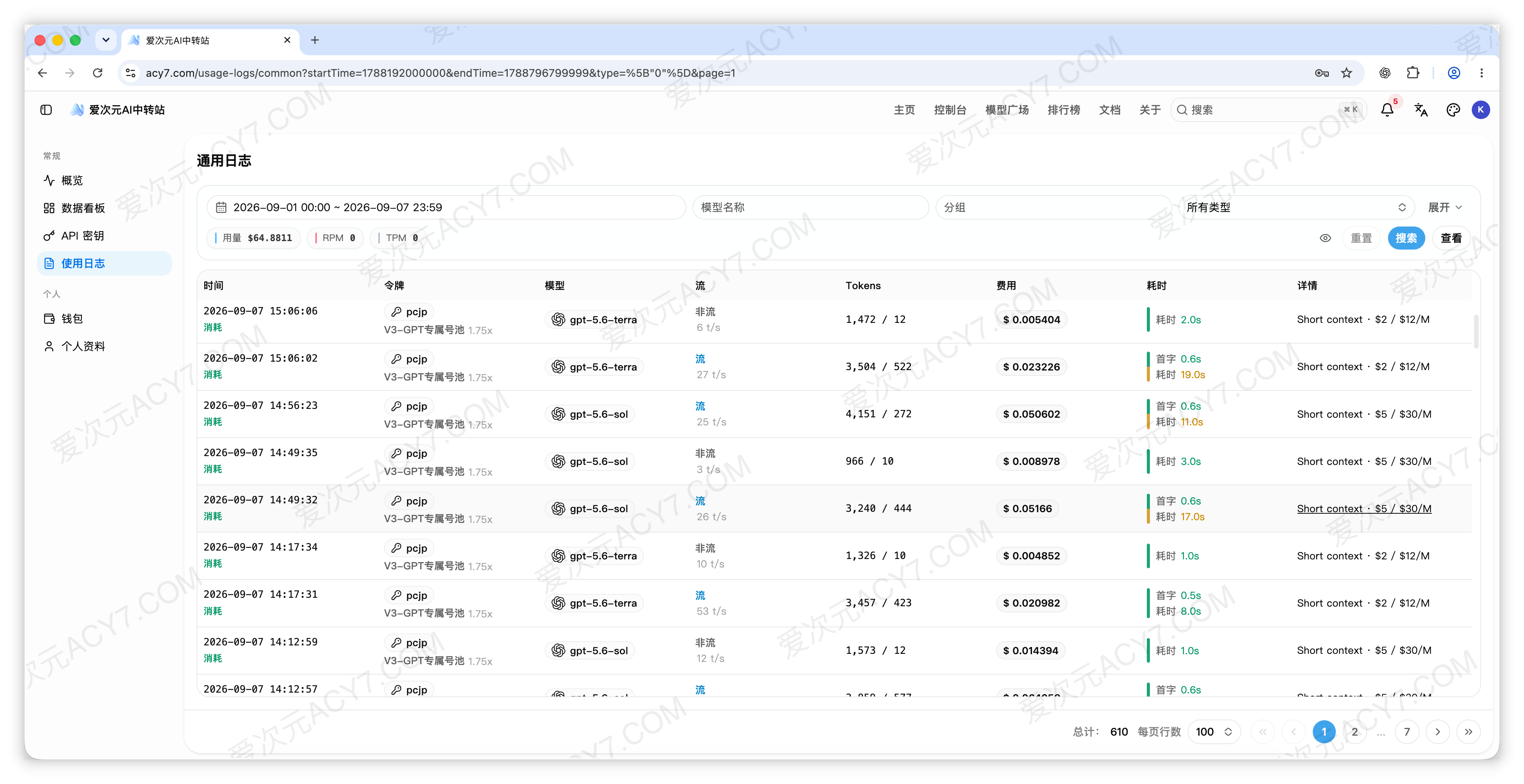 使用日志页面，上方为时间和模型等筛选条件，下方列出每次调用的时间、令牌、模型、Token、费用及耗时