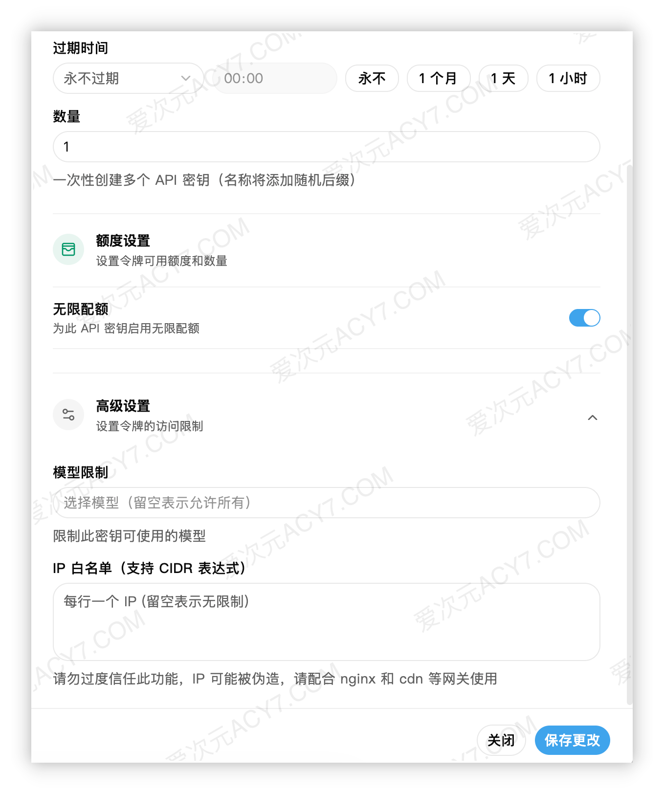 创建窗口下半部分，过期时间为永不过期，数量为 1，无限配额已开启，模型限制和 IP 白名单留空，右下角为保存更改按钮